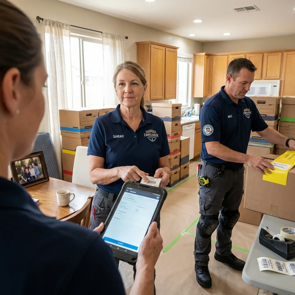 Coordinator scanning labeled box in kitchen during packing phase
