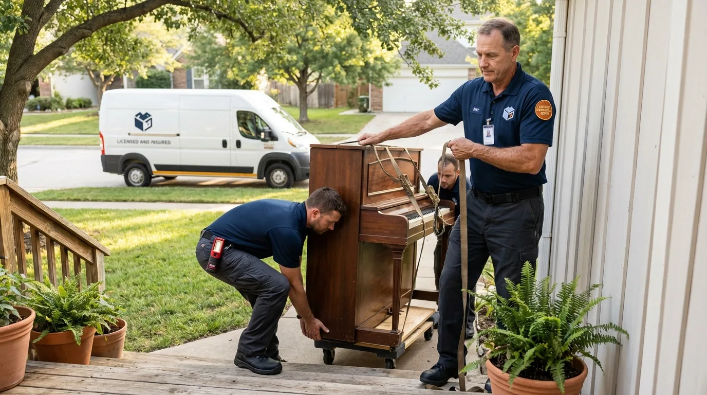 Licensed piano movers securing grand piano in Hampstead, NH