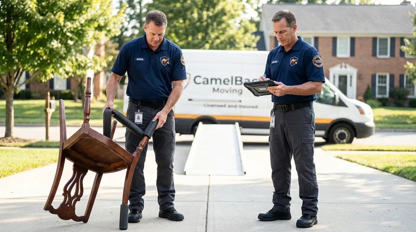 Movers inspecting furniture for damage prevention before loading in Hampstead, NH