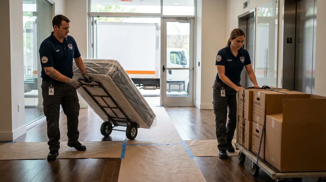 Professional apartment movers loading elevator in Hampstead, NH